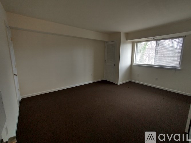 A room with brown carpet and a window with blinds.
