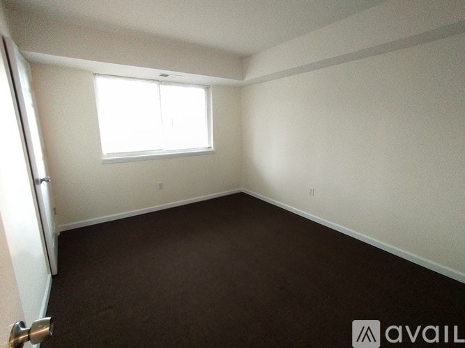 A room with a brown carpet and a window.