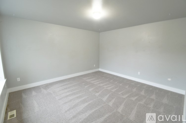 A room with a carpeted floor and a light on the ceiling.