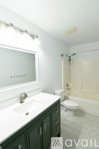 A bathroom with a sink, toilet, and shower.