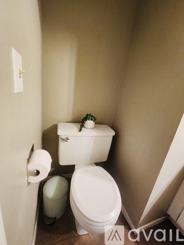 A white toilet with a roll of toilet paper and a trash can in a small bathroom.