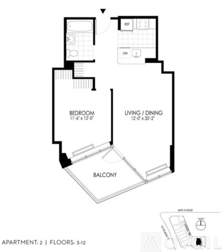 A black and white image of a floor plan for apartment 2 with 3-12 floors.