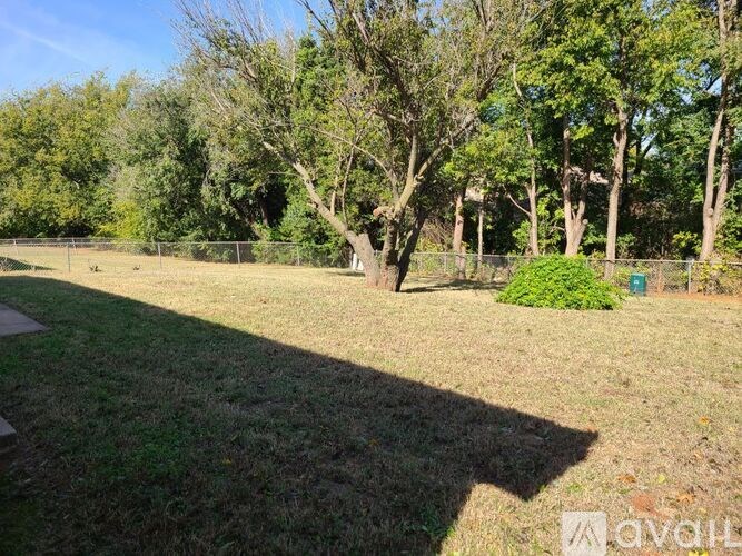 A grassy area with trees and a fence in the background.
