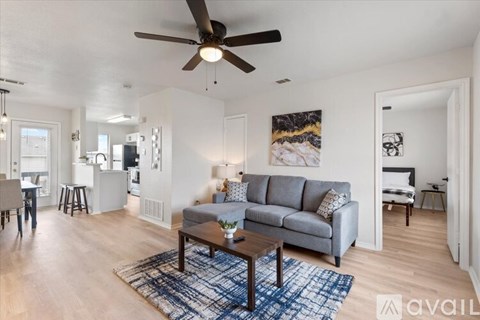 A living room with a grey couch and a blue rug.