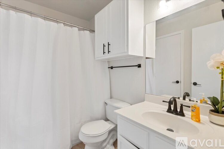 A white bathroom with a toilet, sink, and shower curtain.