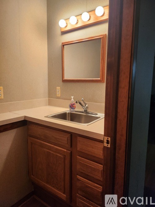 A bathroom with a sink and mirror.