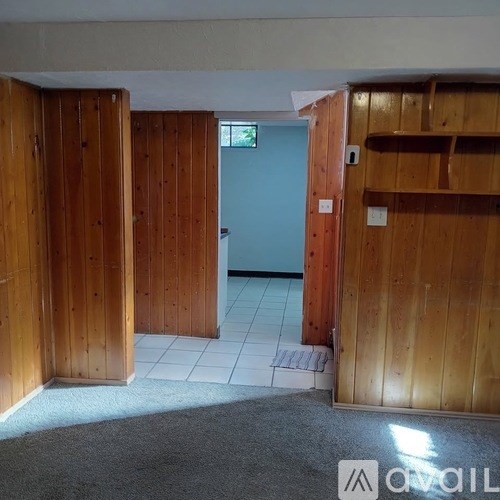 A room with wooden walls and a blue door.