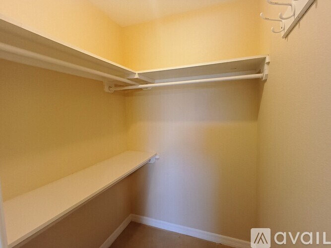 Empty walk-in closet with shelves and a hanger.