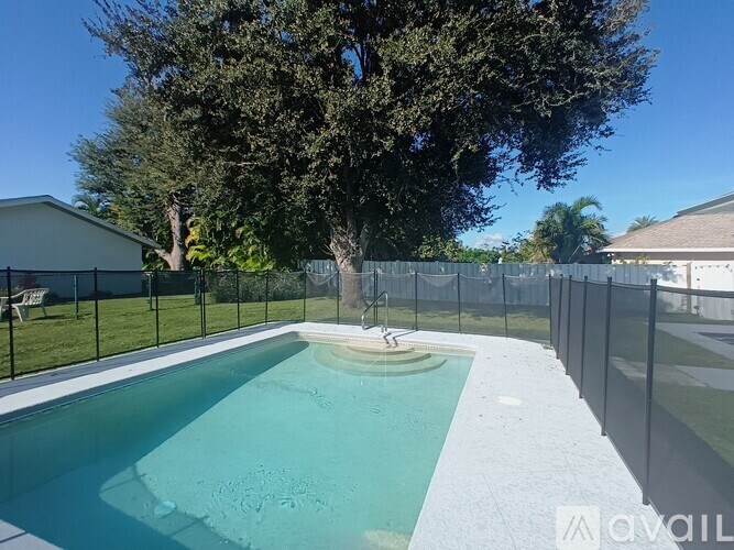 A pool surrounded by a black fence with a tree in the background.