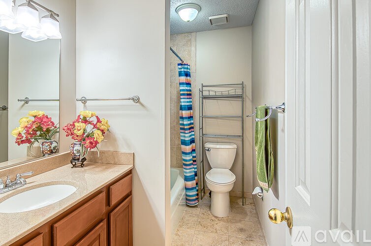 A bathroom with a toilet, sink, and a towel rack.