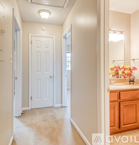 A white door is in a hallway with a tan carpet.