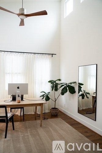 A room with a desk, chair, and a potted plant.