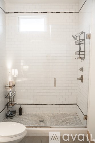 A white bathroom with a toilet and a shower.