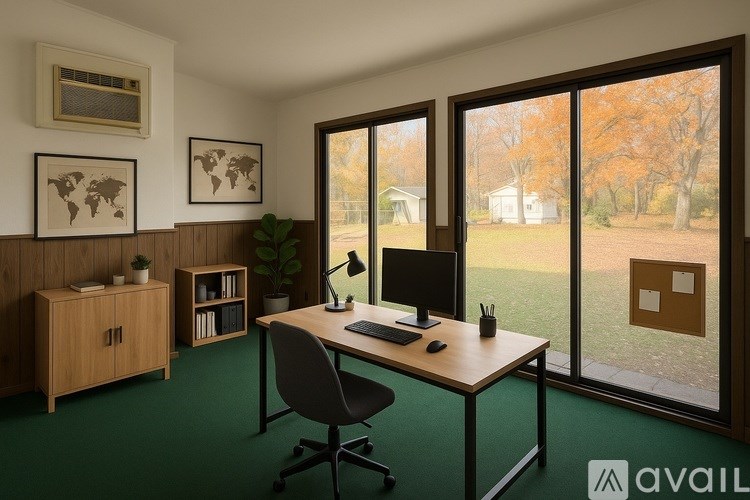 A room with a desk, chair, and a cabinet with a world map on the wall.