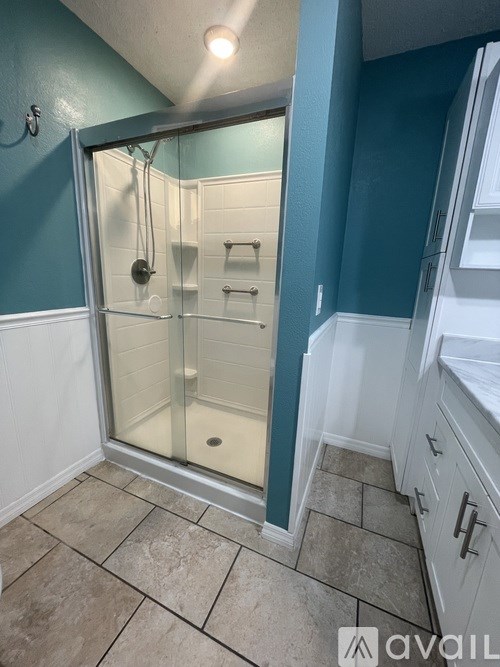 A bathroom with a walk-in shower and white cabinets.