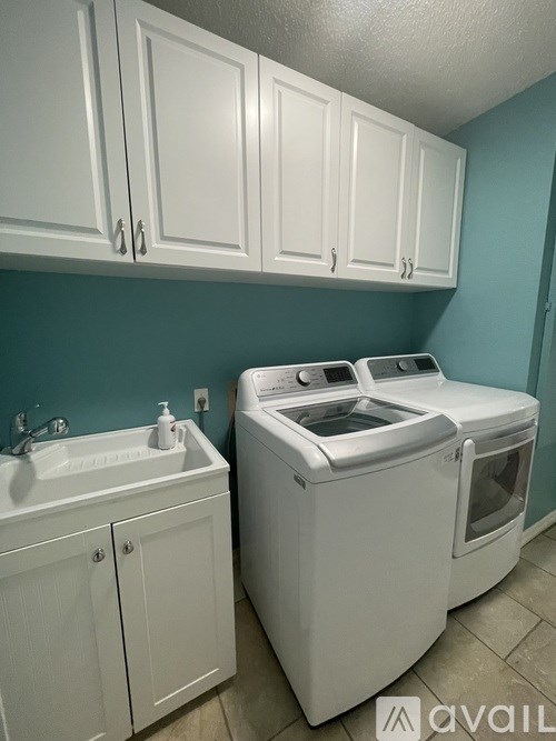 A white washing machine and sink in a laundry room.