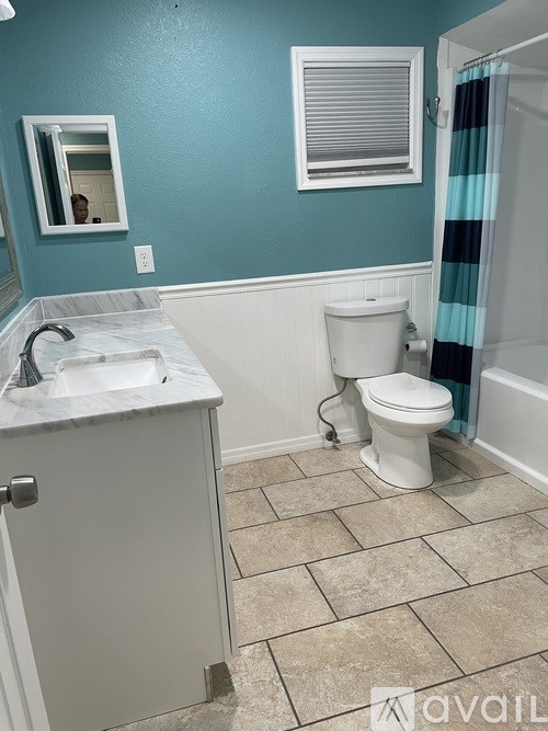 A bathroom with a toilet, sink, and mirror.