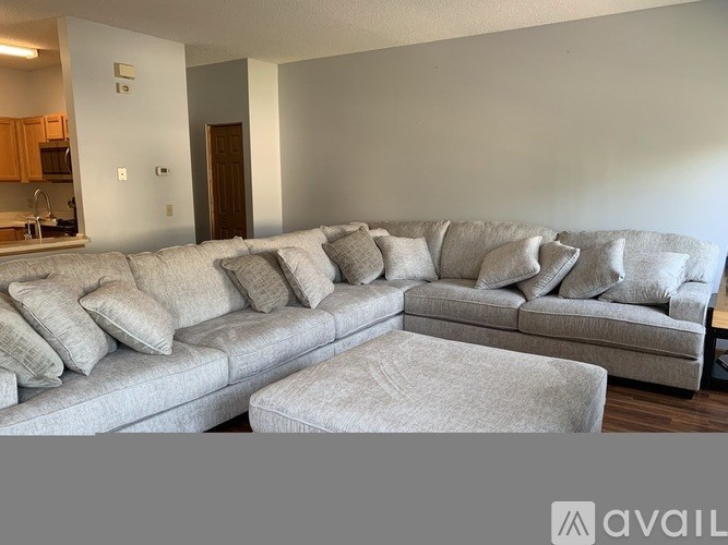 A living room with a grey sofa and a grey ottoman.