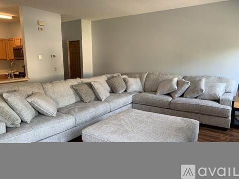 A living room with a grey sofa and a grey ottoman.