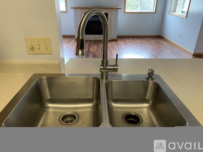 A kitchen with a double sink and a faucet.