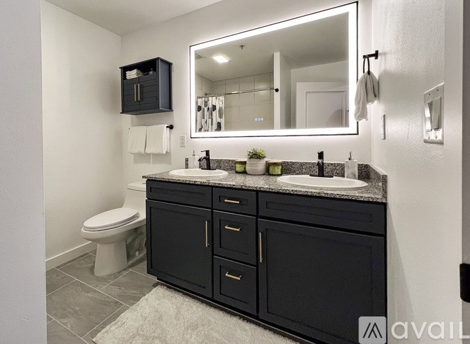 A bathroom with a black cabinet and a white toilet.