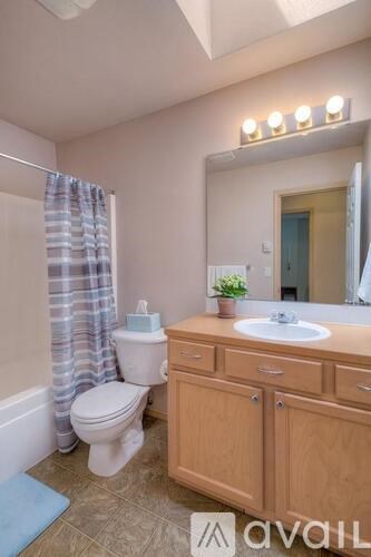 A bathroom with a toilet, sink, and mirror.