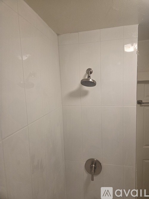 A shower head in a white tiled bathroom.