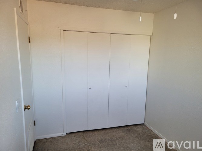 A room with three white closets and a carpeted floor.
