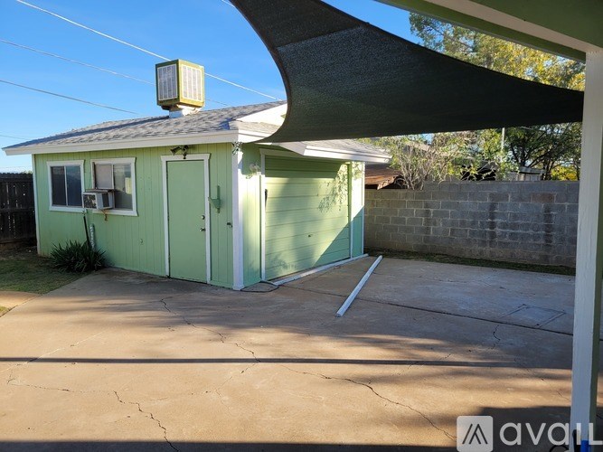 A green shed with a white door is situated in a driveway.