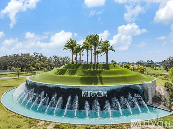 A large water feature with the word "MIRADA" on it.