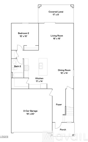 A floor plan of a house with a living room, two bedrooms, a dining room, kitchen, garage, and porch.