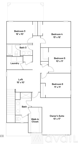 A floor plan of an apartment with six bedrooms and a laundry room.