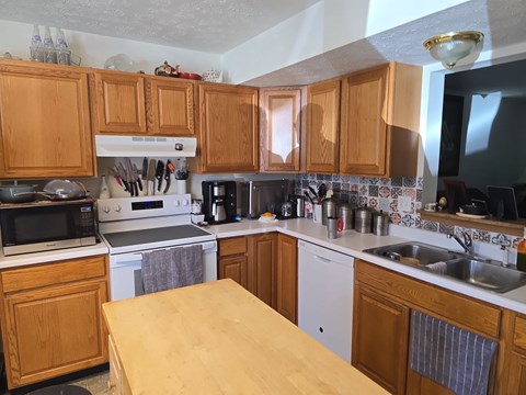 A kitchen with wooden cabinets and a white dishwasher.