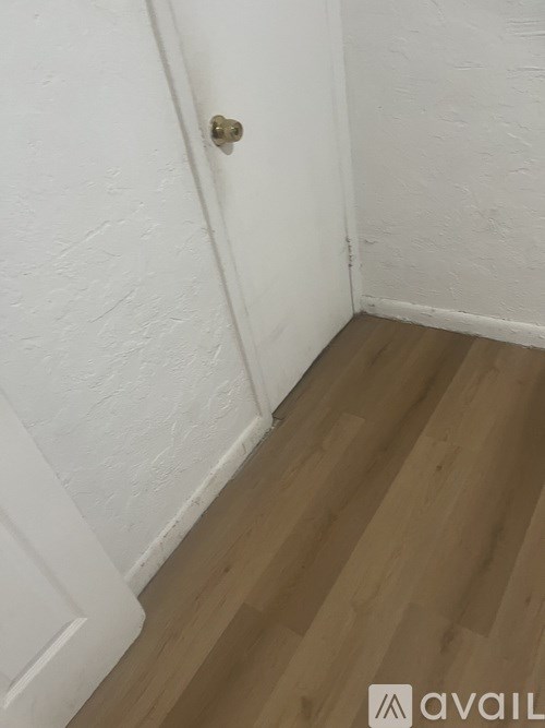 A white door with a silver handle is on the left and a wooden floor is on the right.