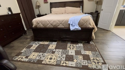 A bedroom with a bed, dresser, and rug.