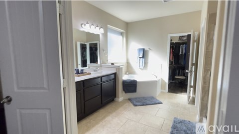 A bathroom with a white door, a sink, a mirror, and a rug.