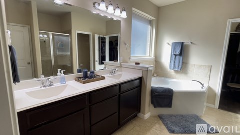 A bathroom with a large mirror, two sinks, and a bathtub.