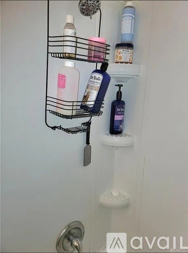 A white door with a toiletries holder on it.
