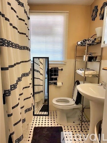 A bathroom with a toilet, sink, and shower curtain.