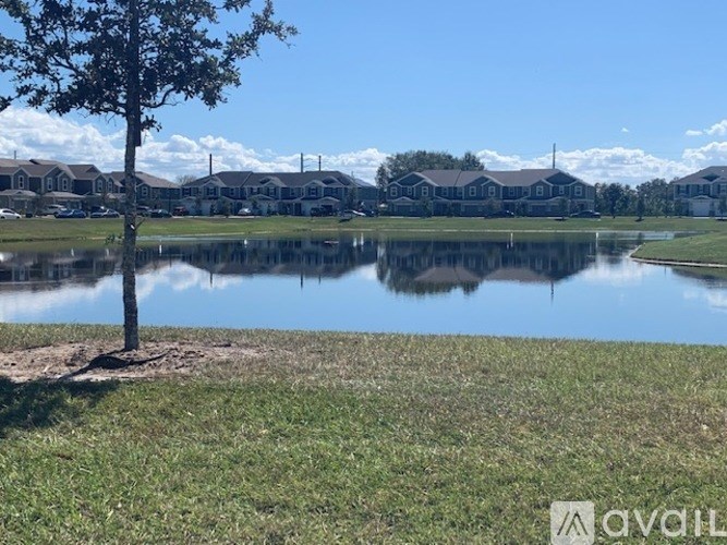 A tree stands alone in a grassy field in front of apartment buildings.