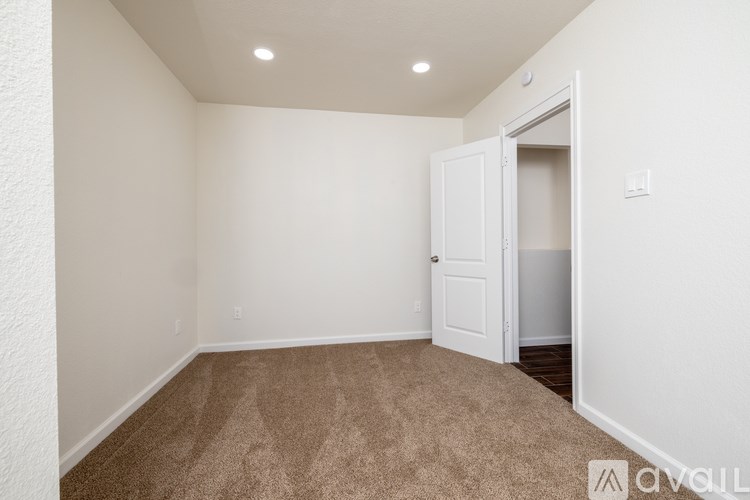 A room with a carpeted floor and a white door.