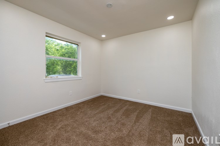 A room with a carpeted floor and a window.