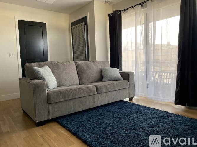 A grey couch with two pillows sits in a room with a blue rug.