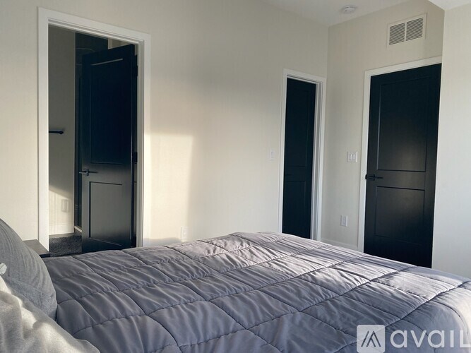 A bedroom with a bed in the center and two closets on either side.