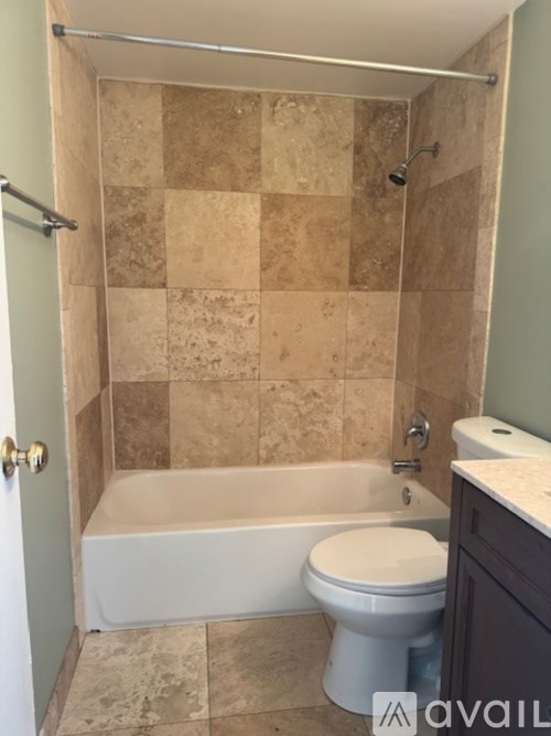 A bathroom with a tiled shower and a white toilet.
