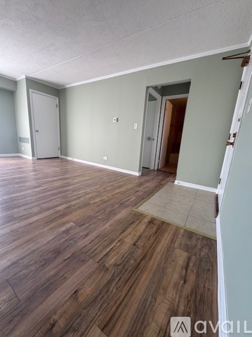 A room with wooden floors and two doors.