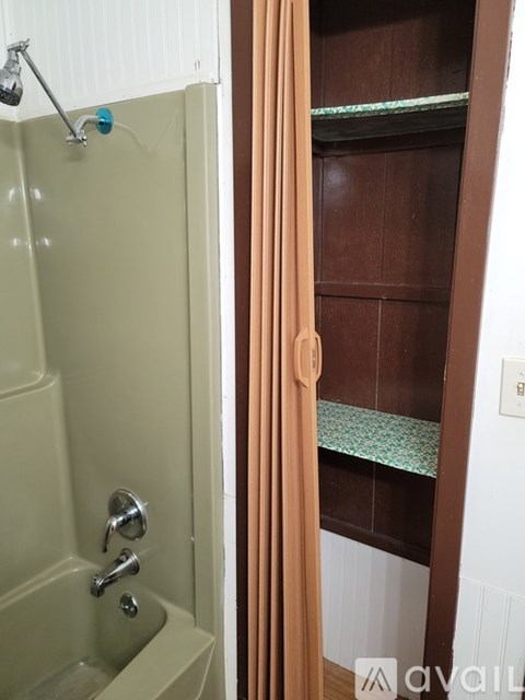 A bathroom with a shower and a wooden door.