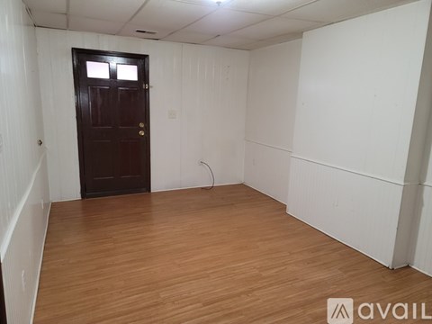 A room with a wooden floor and a brown door.