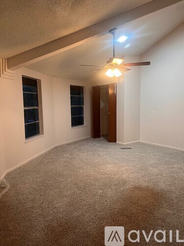 A room with a carpeted floor and a ceiling fan with lights.