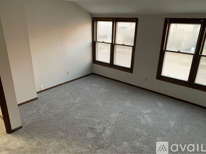 A room with grey carpet and two windows.